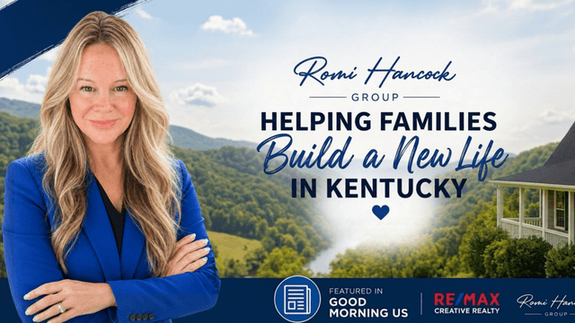 Romi Hancock Group graphic featuring Romi Hancock with Kentucky scenery and messaging about helping families build a new life.