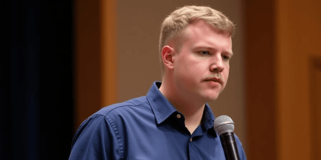 Young man speaking into a microphone during an event or presentation.