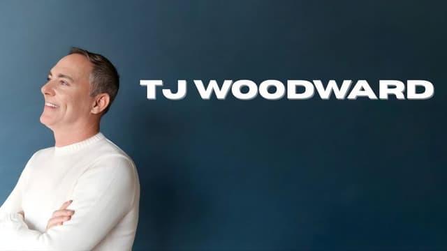 Portrait of TJ Woodward smiling against a blue background with his name displayed prominently.