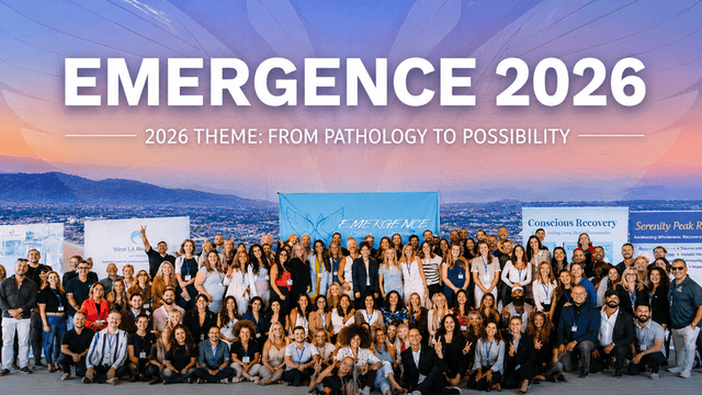 Emergence 2026 attendees gather in Marina del Rey beneath event branding celebrating purpose, recovery, and connection.