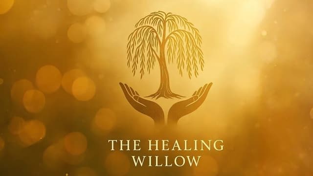 The Healing Willow logo featuring a willow tree above open hands on a gold background.