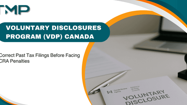 Document labeled "Voluntary Disclosure" beside pen and laptop, promoting CRA's Voluntary Disclosures Program to fix tax errors.
