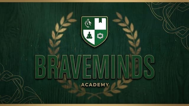 Green wood-textured background with a gold laurel wreath encircling a green and white shield. "BRAVEMINDS ACADEMY" is written in bold green letters.