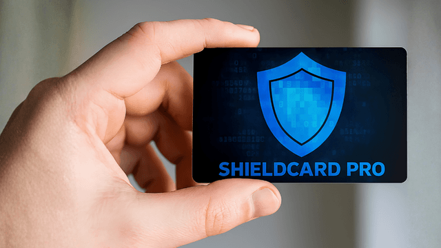 Hand holding a Shield Card Pro RFID-blocking card for contactless payment card protection.
