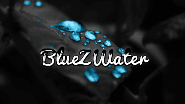 Blue water droplets on a leaf with the text “BlueZ Water,” representing clarity and natural healing energy.