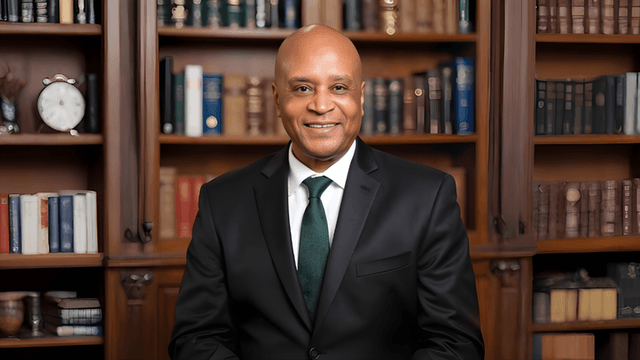 Smiling man in suit seated before wooden bookshelf filled with books in home office.
