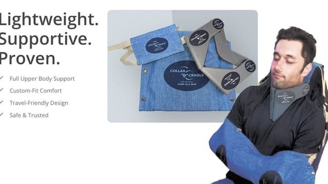 Collar & Cradle provides full upper body support for restful sleep while seated during travel.