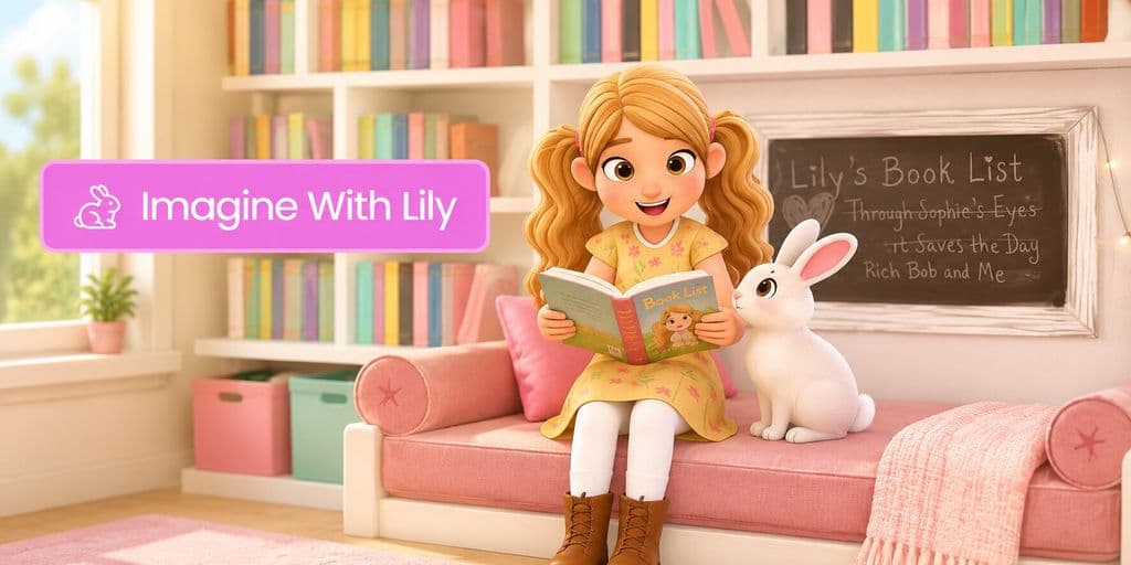 Animated Lily reads on a pink couch with a white rabbit in a colorful library, promoting Imagine With Lily.