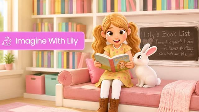 Animated Lily reads on a pink couch with a white rabbit in a colorful library, promoting Imagine With Lily.