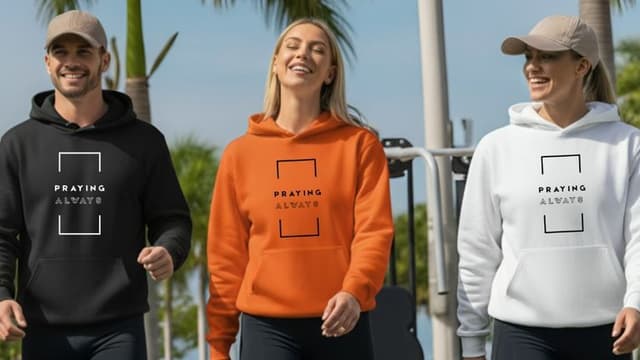 Three people wearing hoodies with the "Praying Always" affirmation design in black, orange, and white outdoors.Do you like this personality?