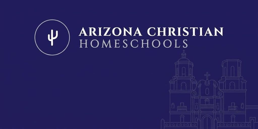 Arizona Christian Homeschools logo on purple background with church illustration, introducing Christ-centered education directory across Arizona.