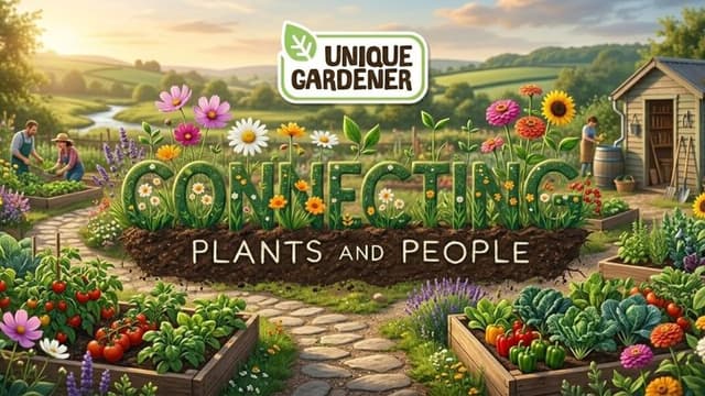 A lush garden with vibrant flowers and vegetables, people tending to plants. Text reads "Connecting Plants and People" under "Unique Gardener." Peaceful and inviting.