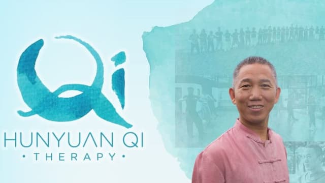 Dr. Pang Ming with the Hunyuan Qi Therapy logo, promoting Qi healing, wellness, and energy balance across the globe