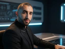 Kaikhan Salakhov seated in a futuristic interior illuminated by blue lights and digital displays.
