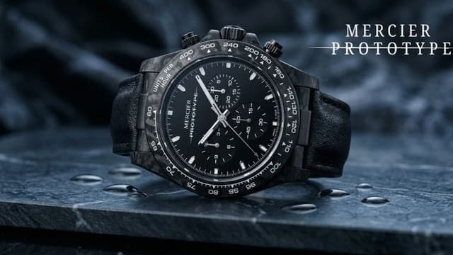 Mercier Prototype Manx luxury watch displayed on stone surface with water droplets and black leather strap.