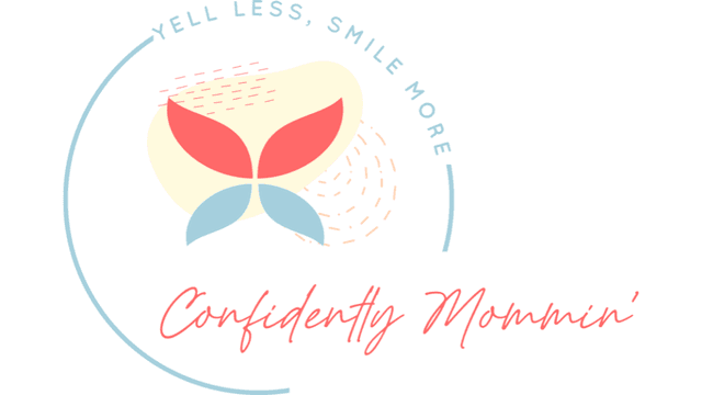 Confidently Mommin’ logo with butterfly design and text “Yell Less, Smile More,” representing Melissa Schulz’s parenting coaching brand and philosophy.