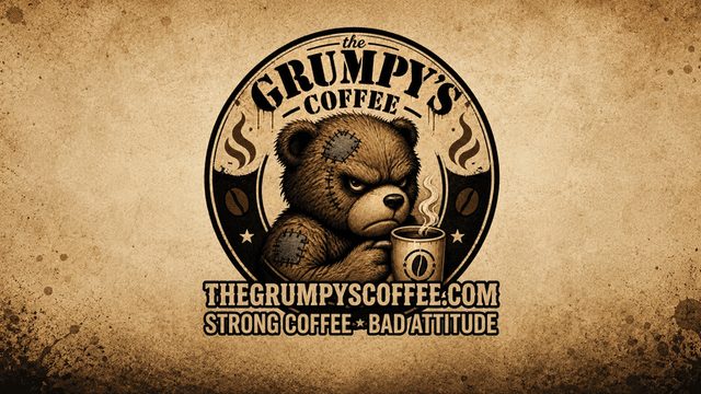 Grumpy teddy bear coffee logo with vintage design and slogan, “Strong Coffee. Bad Attitude.”