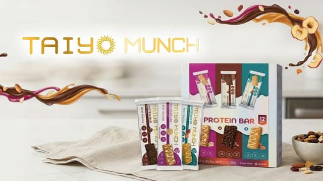 Taiyo Munch protein bars and variety pack displayed with colorful flavor swirls and snack ingredients.