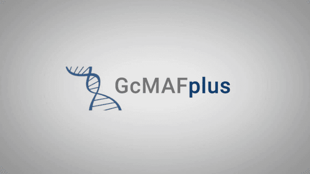 GcMAFplus® logo featuring a DNA strand, symbolizing wellness and immune support."