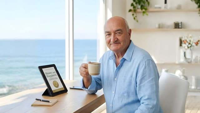 David Jackson Willis holding a coffee beside a tablet displaying “Money and Happiness,” overlooking the ocean.