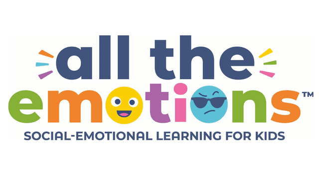 Colorful 'All the Emotions' logo with playful emojis promoting social-emotional learning for kids, showcasing emotional awareness.