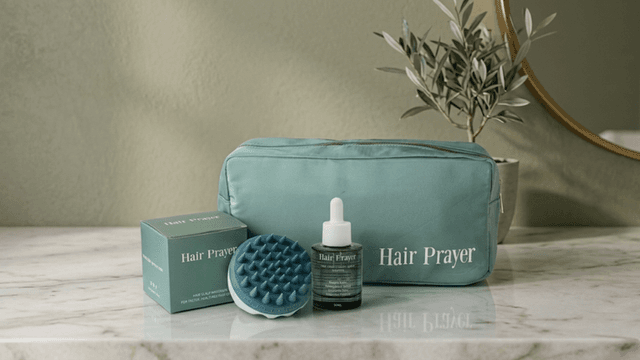 Hair Prayer hair care kit with serum, scalp massager, and travel pouch on marble counter.