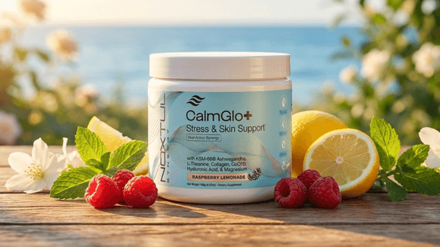 CalmGlo+ supplement with raspberries, lemons, and mint by a serene beach, promoting stress relief and skin support.