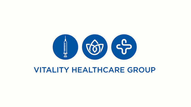 "Vitality Healthcare Group logo featuring a syringe, lotus flower, and medical cross, symbolizing regenerative treatments and holistic healthcare."