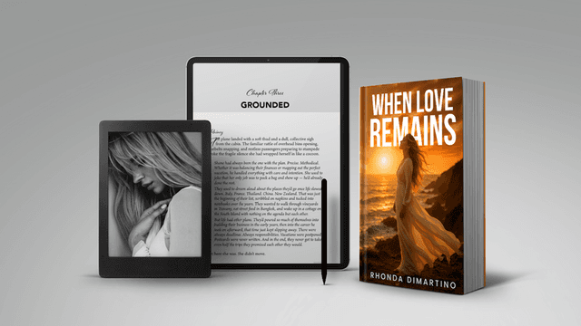 A digital tablet displaying a book page, an e-reader, a pen, and the novel When Love Remains by Rhonda DiMartino.