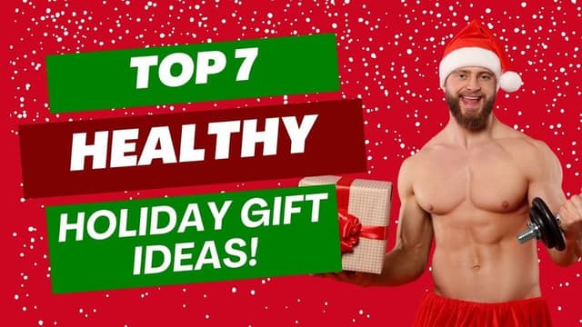 "Male health enthusiast in a Santa hat, holding a gift and a dumbbell, promoting healthy holiday gift ideas for 2025."