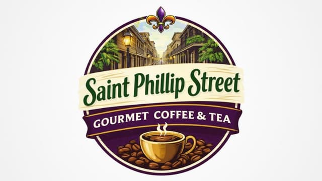Saint Phillip Street Gourmet Coffee & Tea logo featuring a historic New Orleans street with a coffee cup and beans.