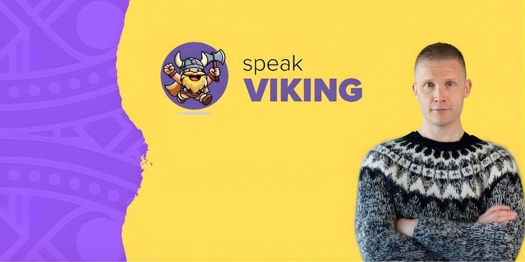 A man in a sweater stands against a purple background featuring the words "Speak Viking," promoting Icelandic language learning.