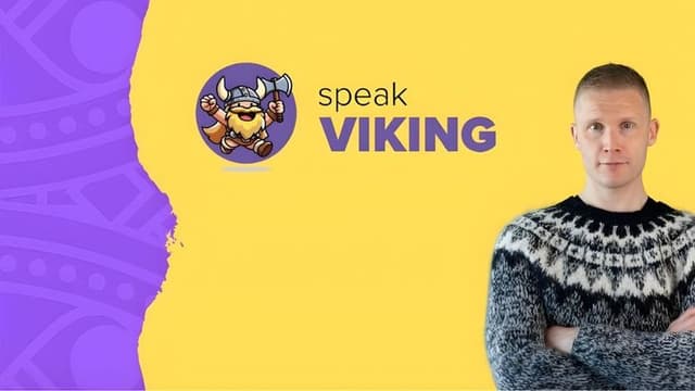 A man in a sweater stands against a purple background featuring the words "Speak Viking," promoting Icelandic language learning.