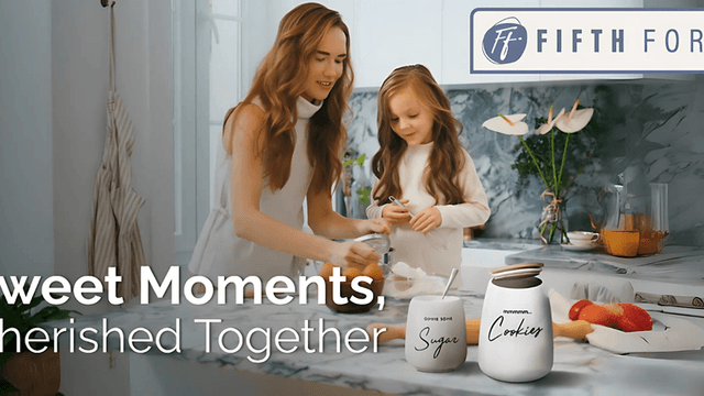 A mother and daughter baking together in a bright kitchen, with jars labeled 'Sugar' and 'Cookies.' The Fifth Fork logo is in the top-right corner.