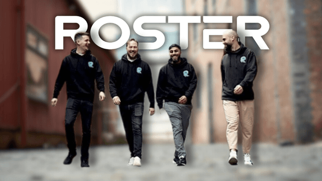 Group of four professionals wearing branded Roster hoodies, walking down a city alley. The logo 'ROSTER' is prominently displayed above them, symbolizing teamwork and collaboration in a modern, urban setting.