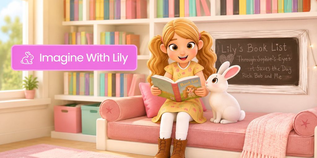 Animated Lily reads on a pink couch with a white rabbit in a colorful library, promoting Imagine With Lily.