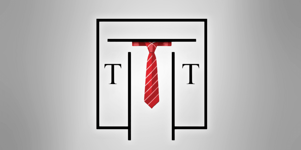 Talisman Tie logo featuring a red striped necktie framed by minimalist black lettering and border.