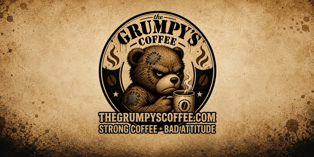Grumpy teddy bear coffee logo with vintage design and slogan, “Strong Coffee. Bad Attitude.”