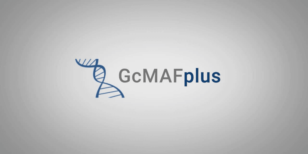 GcMAFplus® logo featuring a DNA strand, symbolizing wellness and immune support."