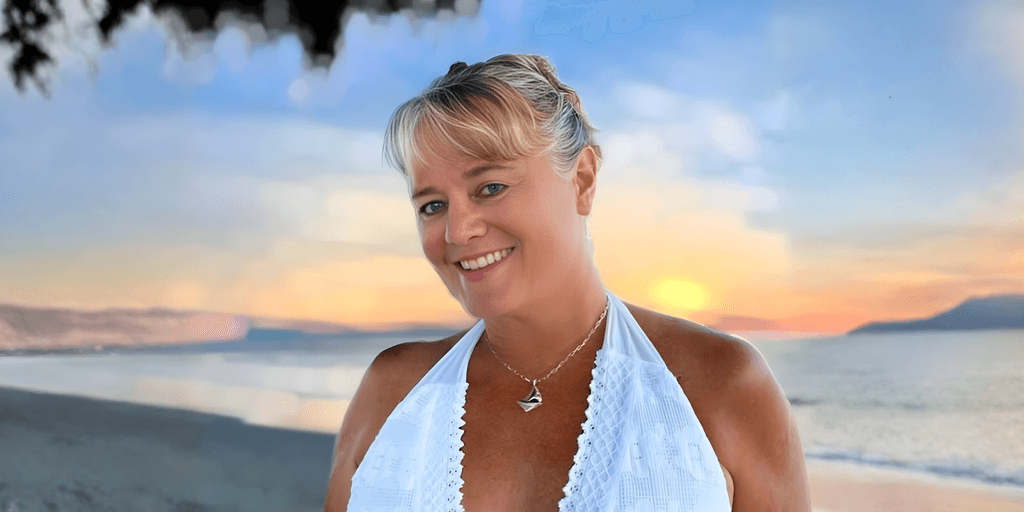 "Alison Gieschen, The Nautical Novelist, standing on a beach at sunset, exemplifying adventure, storytelling, and personal reinvention."