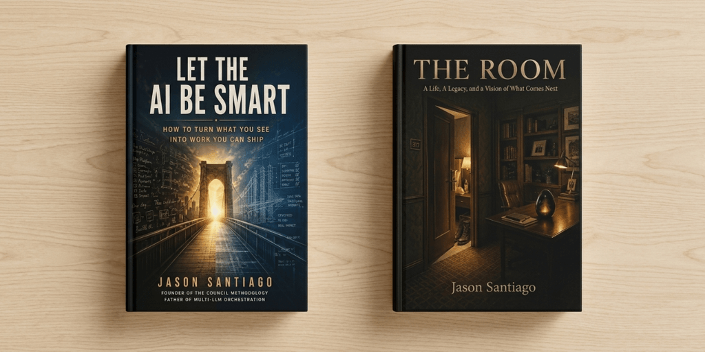 Book covers of Let the AI Be Smart and THE ROOM by Jason Santiago displayed side by side.