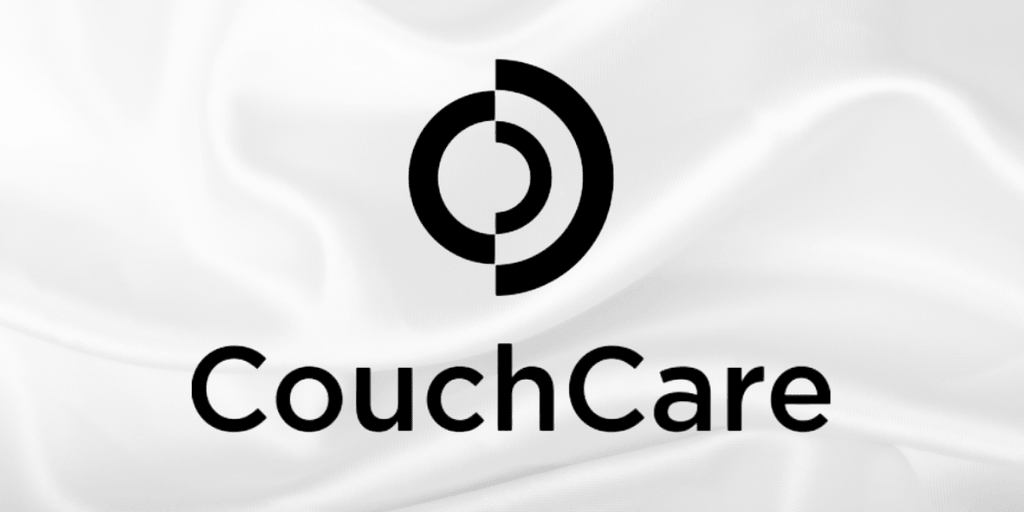 CouchCare logo in black on a white fabric background.