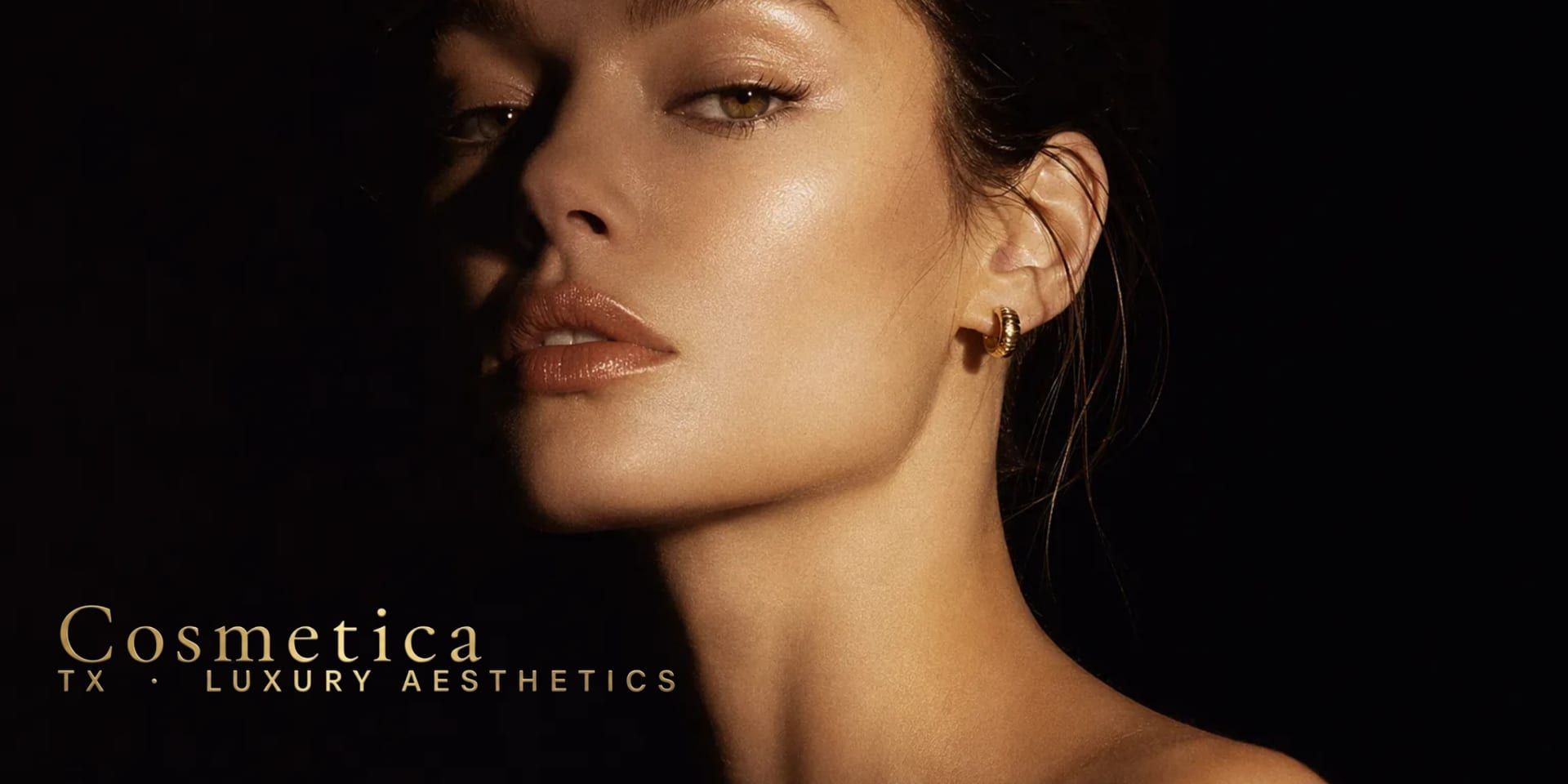 Woman with glowing skin featured in CosmeticaTX luxury aesthetics promotional image.