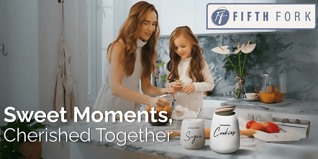 A mother and daughter baking together in a bright kitchen, with jars labeled 'Sugar' and 'Cookies.' The Fifth Fork logo is in the top-right corner.