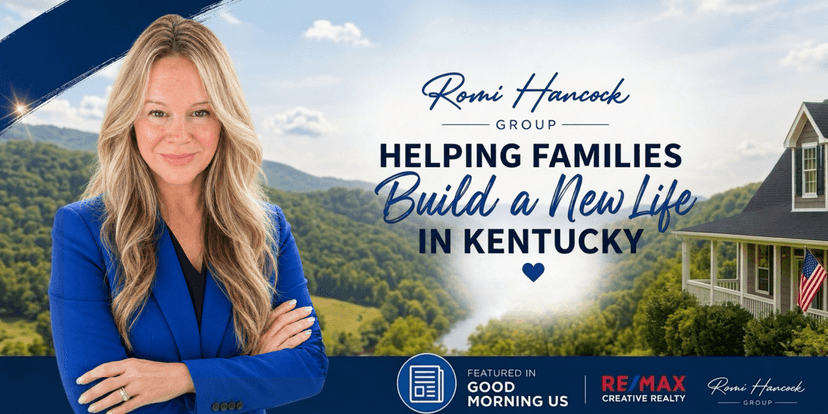 Romi Hancock Group graphic featuring Romi Hancock with Kentucky scenery and messaging about helping families build a new life.
