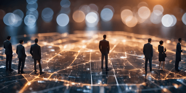 Silhouetted figures stand on a glowing network map with blurred lights in the background