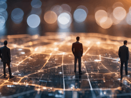 Silhouetted figures stand on a glowing network map with blurred lights in the background