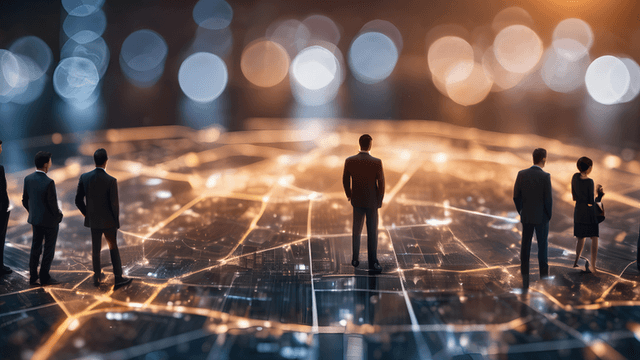 Silhouetted figures stand on a glowing network map with blurred lights in the background