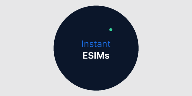 Graphic promoting instant eSIMs with a dark circular background and light text