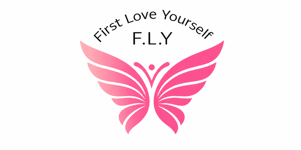 Logo featuring a pink butterfly and the text "First Love Yourself F.L.Y."
